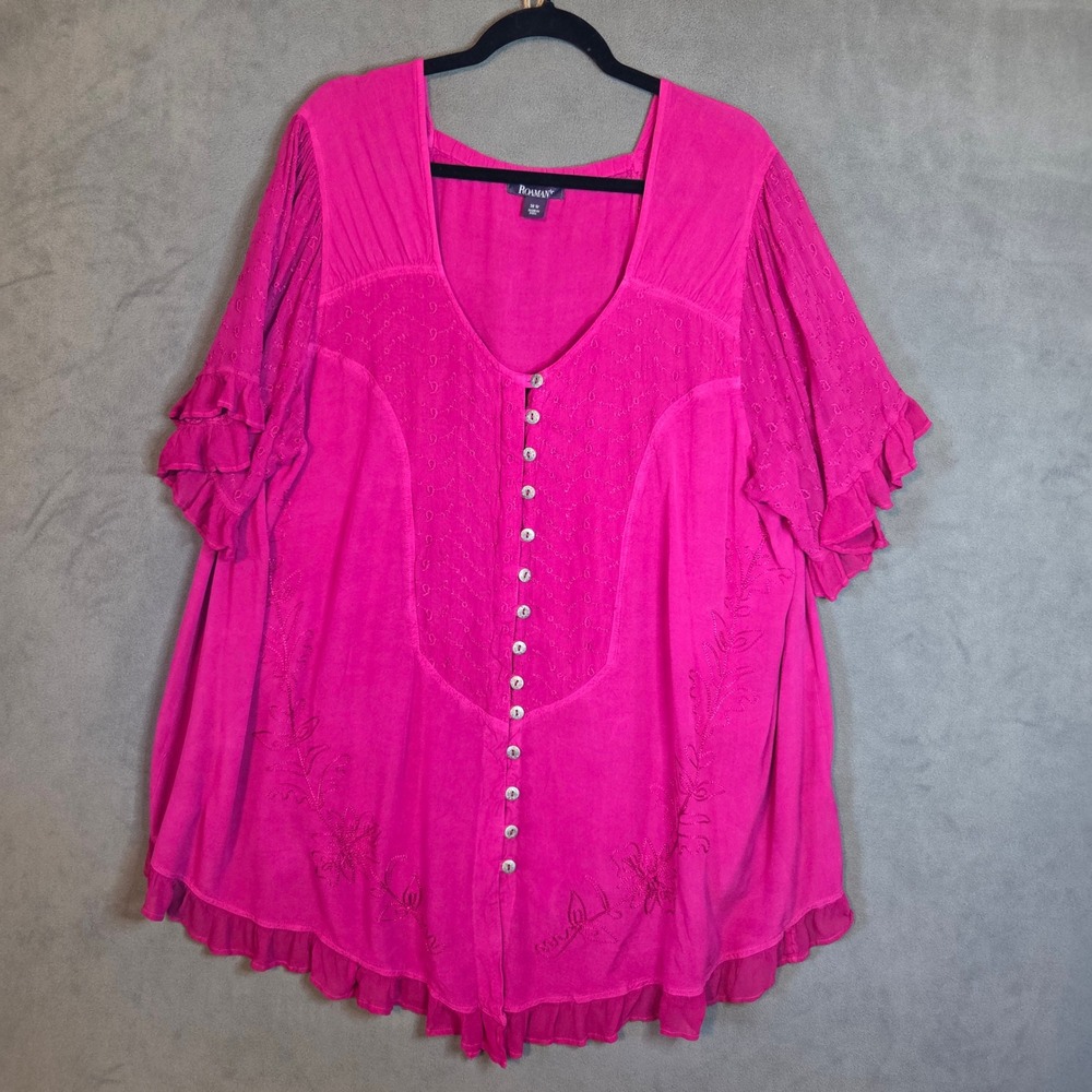 Roaman's Embroidered Top Women Size 30W Boho Ruffle Peasant Cottage Fairy